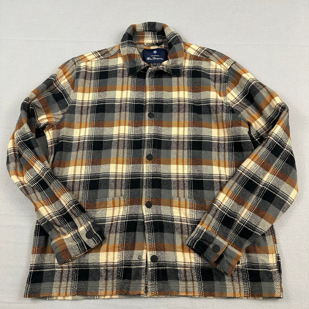 Ben Sherman Shirt Men Large Beige Plaid Button Long Sleeve Shacket Heavyweight L